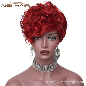 The Best Selling Cosplay Short Curly Wigs For Black Women Synthetic Wine Red Color Fiber High Temperature Wig With Bangs